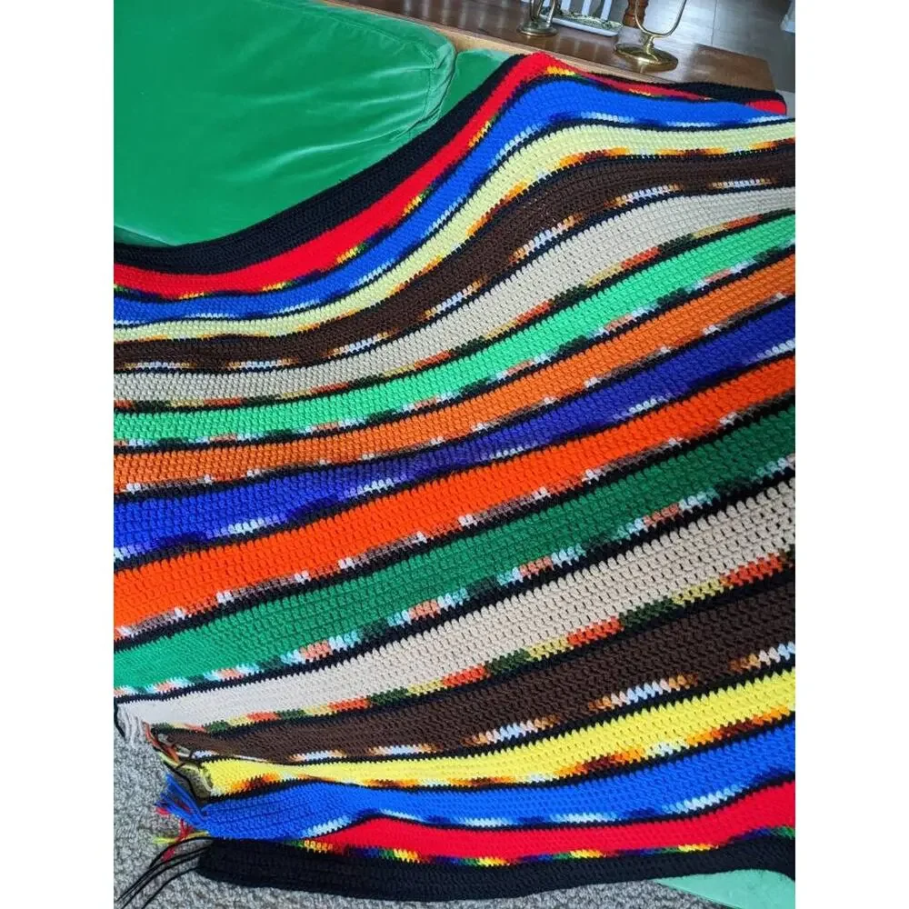 vintage 70s RAINBOW STRIPED Fringe Trim AFGHAN knit handmade blanket colorful